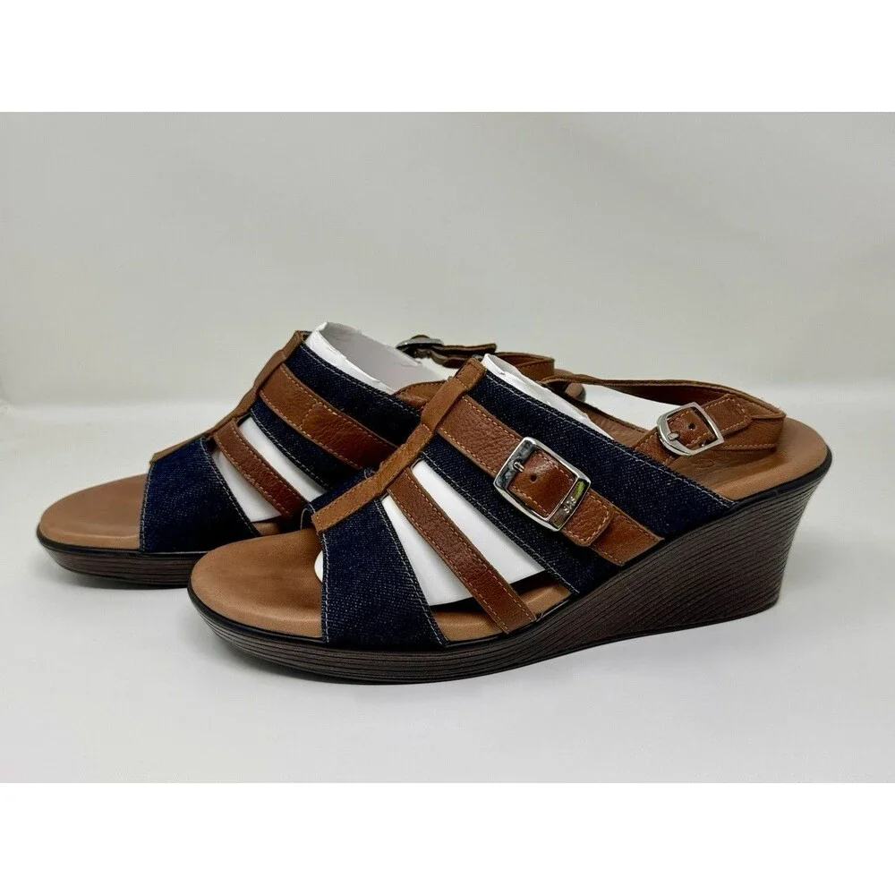 SAS Layla Brie Strappy‎ Denim Jean & Leather Wedge Sandal Shoe Size 10 M